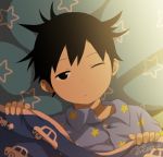 1boy artist_name black_eyes black_hair car from_above looking_at_viewer lying male_focus messy_hair motor_vehicle noeyebrow_(mauve) on_back one_eye_closed original pajamas short_hair solo star under_covers vehicle 