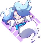  1girl aqua_eyes aqua_hair breasts cleavage enraenra_(youkai_watch) female hair_over_one_eye japanese_clothes kimono large_breasts long_hair monster_girl nollety simple_background smile solo white_background youkai youkai_watch 