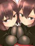  2girls blush breast_press breasts brown_eyes brown_hair collarbone hyuuga_(kantai_collection) ise_(kantai_collection) kantai_collection looking_at_viewer multiple_girls onio parted_lips short_hair symmetrical_docking 