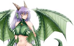  1girl bare_shoulders breasts dragon dragon_(monster_girl_encyclopedia) dragon_girl highres horns large_breasts long_hair looking_away midriff monster_girl monster_girl_encyclopedia navel purple_hair sanmotogoroo scales solo tail wings yellow_eyes 