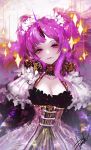  1girl breasts brooch cleavage collarbone corset danhu frills horn jewelry long_hair looking_at_viewer original personification purple_hair purple_lips signature solo twintails upper_body violet_eyes 