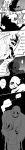  2boys absurdres androgynous comic cowboy_shot crazy_eyes crazy_smile dark_persona flaming_eye frisk_(undertale) ghost glowing glowing_eye highres holding_knife hood hoodie knife korean laughing long_image looking_at_viewer monochrome multiple_boys no_eyes open_mouth pointing redlhzz sans shaded_face shirt skeleton skull spoilers standing static striped striped_shirt tall_image teeth translation_request undertale w.d._gaster 