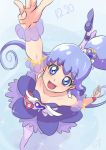  1girl :d arm_up ballerina ballet bare_shoulders blue blue_eyes blue_hair blue_skirt brooch chocokin collarbone cure_princess dancing earrings from_above full_body hair_bun happinesscharge_precure! jewelry long_hair magical_girl open_mouth pantyhose precure sherbet_ballet shirayuki_hime skirt smile solo twintails white_legwear 