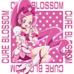  1girl :d bike_shorts boo_(takagi) boots bow character_name cure_blossom female flower full_body hair_bow hair_flower hair_ornament hanasaki_tsubomi happy heart heart_hands heartcatch_precure! highres knee_boots long_hair looking_at_viewer magical_girl open_mouth pink pink_bow pink_eyes pink_hair pink_skirt ponytail precure shorts_under_skirt sitting skirt smile solo white_boots wrist_cuffs 