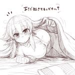  asakawa_remon breasts cleavage elf green_hair monochrome original pajamas pillow pointy_ears remona-san sketch translated under_covers 