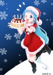  1girl alternate_costume blue_eyes blue_hair blush boots cake candle carrying christmas commentary_request food hat kantai_collection long_hair looking_at_viewer one_eye_closed open_mouth plate samidare_(kantai_collection) santa_costume santa_hat snowflake_background solo twitter_username very_long_hair yokoshima_(euphoria) 