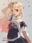  1girl blonde_hair dated grey_background hair_ornament hairclip kantai_collection leaf long_hair looking_at_viewer parted_lips red_eyes remodel_(kantai_collection) scarf school_uniform serafuku simple_background solo teeth toro_(konirio) twitter_username yuudachi_(kantai_collection) 