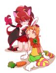  2girls ;o animal_ears biting blue_eyes bow brown_eyes brown_hair bunny_tail carrot cat_ears cat_tail chiyo_(rotsurechiriha) genderswap gloves green_skirt happinesscharge_precure! kemonomimi_mode kneeling long_hair multiple_girls one_eye_closed oomori_yuuko orange_bow pantyhose paw_gloves phantom_(happinesscharge_precure!) ponytail precure rabbit_ears red_bow red_skirt redhead shirt short_hair sitting skirt sleeveless sleeveless_shirt striped striped_legwear tail tail_bow unlovely_(happinesscharge_precure!) wariza white_background yellow_shirt 