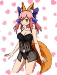  1girl animal_ears asortofcolorfag bare_shoulders blush breasts caster_(fate/extra) cleavage collarbone fate/extra fate_(series) fox_ears fox_tail groin hair_ribbon highres large_breasts lingerie long_hair looking_at_viewer midriff navel pink_hair ribbon solo tail twintails underwear yellow_eyes 