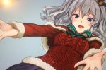  1girl :d akasaai aran_sweater bell blue_eyes bow kantai_collection kashima_(kantai_collection) open_mouth outstretched_arms silver_hair smile solo sweater 