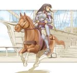  1girl armor armored_boots astrid belt black_hair bow_(weapon) fire_emblem fire_emblem:_souen_no_kiseki gauntlets harbor horse horseback_riding long_hair looking_to_the_side pants quiver riding serious solo weapon white_pants 