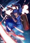  1girl animal_ears blue_dress blue_hair comet danmaku dress earth looking_at_viewer mallet puffy_short_sleeves puffy_sleeves rabbit_ears red_eyes seiran_(touhou) short_sleeves sm5050 solo space touhou 