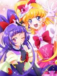  2girls :d ;o asahina_mirai black_gloves blonde_hair blush cure_magical cure_miracle elbow_gloves gloves hat heart highres index_finger_raised izayoi_liko long_hair looking_at_viewer magical_girl mahou_girls_precure! masako_(sabotage-mode) multiple_girls one_eye_closed open_mouth pink_eyes precure purple_hair smile star violet_eyes white_gloves witch_hat 