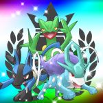  highres lucario mikoshiba_manha_sewashii no_humans pokemon pokemon_(creature) pokken_tournament sceptile suicune 