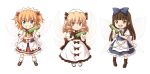  3girls apron ascot bell black_hair blonde_hair blue_dress blue_eyes dress drill_hair fairy_wings grin hair_bell hair_ornament hat hirasaka_makoto long_hair luna_child maid_headdress multiple_girls obi open_mouth puffy_short_sleeves puffy_sleeves sash short_sleeves smile star_sapphire sunny_milk touhou two_side_up waist_apron water_gun white_dress wings 