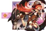  1girl anchor bare_shoulders black_gloves blush commentary_request fingerless_gloves from_behind gloves guilty_gear hat long_hair looking_back may_(guilty_gear) one_eye_closed oro_(sumakaita) pirate pirate_hat pointing redhead shorts skull_and_crossbones smile solo yellow_eyes 