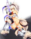  1girl belt blue_eyes elbow_gloves fur gloves horn kirin_(armor) looking_at_viewer monster_hunter navel parted_lips solo sword thigh-highs weapon 