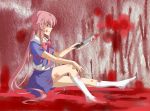  1girl blood blue_skirt gasai_yuno highres holding_knife long_hair looking_at_viewer mirai_nikki pink_eyes pink_hair school_uniform sitting skirt solo white_legwear 