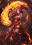  1girl arm_up cglas defense_of_the_ancients detached_sleeves dota_2 fire full_body lina_inverse_(dota_2) long_hair red_eyes red_legwear redhead solo standing 