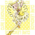  1girl ;d blonde_hair boo_(takagi) brooch character_name cure_lemonade double_bun drill_hair fingerless_gloves full_body gloves highres jewelry kasugano_urara_(yes!_precure_5) long_hair looking_at_viewer magical_girl one_eye_closed open_mouth precure puffy_sleeves shoes shorts_under_skirt skirt smile solo thigh-highs twin_drills yellow yellow_background yellow_eyes yellow_legwear yellow_shoes yellow_skirt yes!_precure_5 yes!_precure_5_gogo! 