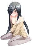  1girl black_hair blush breasts brown_eyes cleavage crying crying_with_eyes_open hair_over_one_eye hayashimo_(kantai_collection) kantai_collection long_hair nekobaka off_shoulder pantyhose ribbed_sweater simple_background solo sweater tears 
