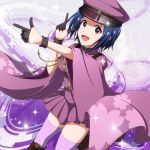  1girl black_gloves blue_hair brown_eyes gloves idolmaster kouchou miura_azusa open_mouth pleated_skirt purple_legwear purple_skirt senbon-zakura_(vocaloid) short_hair skirt thigh-highs 