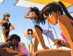  5girls 90s absurdres ass beach_umbrella blonde_hair bow brown_eyes brown_hair diving_board hair_bow hands_on_hips highres katsumi_liqueur kiddy_phenil kikuchi_michitaka lebia_maverick leopard_print long_hair looking_at_viewer multiple_girls nyantype one-piece_swimsuit open_mouth ponytail purple_hair saiko_yuki silent_moebius swimsuit towel yamigumo_nami 