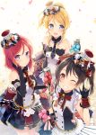  3girls 6u_(eternal_land) :d \m/ ayase_eli bare_shoulders black_gloves black_hair blonde_hair blue_eyes cafe_maid checkered checkered_skirt detached_collar dress earrings elbow_gloves flower gloves grin hand_in_hair happy_tears hat jewelry looking_at_viewer love_live!_school_idol_project microphone microphone_stand mini_top_hat multiple_girls necktie nishikino_maki one_eye_closed open_mouth petals red_eyes redhead skirt smile strapless_dress tears top_hat twintails violet_eyes yazawa_nico 
