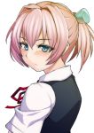  1girl blue_eyes blush from_behind hair_ornament kantai_collection kupala pink_hair ponytail school_uniform shiranui_(kantai_collection) short_hair solo upper_body white_background 