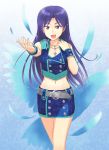  1girl belt blue_eyes blue_skirt cross cross_necklace idolmaster kisaragi_chihaya long_hair navel open_mouth skirt solo tsurui 