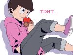  1boy :3 bowl_cut brown_hair denim hoodie jeans kendama male_focus matsuno_todomatsu osomatsu-kun osomatsu-san pants pants_rolled_up shadow simple_background smile solo takeo_(nametake) white_background 