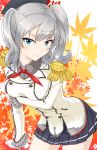  1girl blue_eyes breasts epaulettes gloves hat highres kantai_collection kashima_(kantai_collection) large_breasts leaf maple_leaf military military_uniform miniskirt pleated_skirt short_twintails shukurin silver_hair skirt smile solo twintails uniform white_gloves 