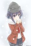  1girl akatsuki_(kantai_collection) beanie coat hat highres kantai_collection long_hair mittens purple_hair scarf school_uniform serafuku skirt snowing solo twitter_username violet_eyes yakitori_(yakitori06) 