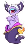  1girl blush breasts covering covering_breasts cyclops fuumin_(youkai_watch) large_breasts monster_girl navel nollety one-eyed open_clothes pink_eyes pointy_ears purple_skin simple_background solo white_background white_hair youkai youkai_watch 