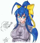  2girls antenna_hair blazblue blazblue_remix_heart blue_eyes blue_hair bow breast_envy breasts chibi_inset covered_nipples genderswap hair_bow impossible_clothes impossible_sweater large_breasts long_hair looking_at_viewer mai_natsume marker_(medium) multiple_girls nayaase_beleguii noel_vermillion ponytail ribbed_sweater ribbon simple_background smile smug sweater traditional_media turtleneck turtleneck_sweater upper_body white_background 