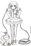  1boy dangan_ronpa dangan_ronpa_1 dress fujisaki_chihiro highres kaname_madoka kaname_madoka_(cosplay) kyubey mahou_shoujo_madoka_magica monochrome otoko_no_ko plug short_hair 