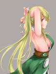  1girl adjusting_hair armpits arms_up bare_shoulders blonde_hair breasts character_request dress from_behind green_dress highres large_breasts long_hair looking_back sideboob silver_(pixiv5594793) smile solo tower_of_saviors yellow_eyes 