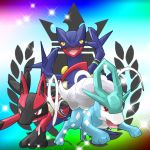  alternate_color black_eyes claws highres lucario mikoshiba_manha_sewashii multicolored_background no_humans open_mouth pointy_ears pokemon pokemon_(creature) pokken_tournament red_eyes sceptile simple_background sparkle suicune yellow_sclera 