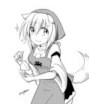  1girl :3 animal_ears blush breasts detached_sleeves food inubashiri_momiji looking_at_viewer monochrome pom_pom_(clothes) short_hair smile solo tail taurine_8000mg touhou wolf_ears wolf_tail 