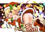  1girl ass blonde_hair blush boots fang fingerless_gloves flandre_scarlet flower gin&#039;you_haru gloves hat looking_at_viewer looking_back open_mouth panties pink_panties red_boots red_eyes red_gloves sack santa_costume santa_hat short_hair side_ponytail simple_background solo striped striped_legwear thigh-highs touhou underwear v wings wink 