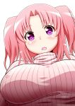  1girl blush breasts covered_nipples large_breasts looking_at_viewer mikakunin_de_shinkoukei open_mouth pink_hair ribbed_sweater solo suzushiro_nazuna sweater twintails two_side_up violet_eyes yonomori_kobeni 