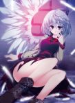  1girl angel_wings boots convenient_leg cross-laced_footwear dress feathers hand_to_own_mouth jacket kishin_sagume long_sleeves open_clothes open_jacket purple_dress sakurame silver_hair single_wing sitting solo touhou violet_eyes wings 