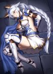  1girl animal_ears armor belt blush boots bound bound_arms braid breasts brown_eyes cape cat_ears dress gauntlets granblue_fantasy heles jonylaser large_breasts long_hair looking_at_viewer lying metal_boots on_side silver_hair solo textless thigh-highs thigh_boots thighs tile_floor tiles very_long_hair white_dress 