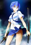  1girl akuma_no_riddle azuma_tokaku blue_eyes blue_hair blue_necktie blue_skirt holding_sword holding_weapon looking_at_viewer navel necktie pleated_skirt shirt short_hair skirt solo sword weapon white_shirt yyo 