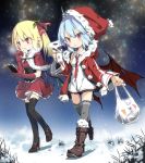  2girls bag bat_wings black_legwear blonde_hair blue_hair boots capelet coffee_cup commentary_request corset dress eating elbow_gloves flandre_scarlet gloves hat high_heels jacket multiple_girls night noya_makoto open_clothes open_jacket open_mouth pointy_ears red_dress red_eyes red_gloves remilia_scarlet santa_costume santa_hat siblings side_ponytail sisters sky star_(sky) starry_sky thigh-highs touhou white_dress wings zettai_ryouiki 