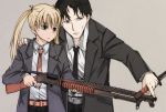  1boy 1girl bayonet belt black_eyes black_hair blonde_hair blue_eyes formal gun gunslinger_girl hand_on_another&#039;s_shoulder necktie shotgun simple_background suit triela trigger_discipline umoo_futon victor_hillshire weapon winchester_model_1897 