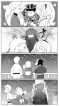  1girl 2boys 4koma bridge burning character_mask comic couple esper_nyanko fan fireworks fleeing gift glasses glasses_boy_(osomatsu-san) greyscale hairband heart japanese_clothes kayoko_(panchlora) kimono mask matsuno_ichimatsu monochrome multiple_boys osomatsu-kun osomatsu-san short-haired_girl_(osomatsu-san) short_hair silent_comic summer valentine yukata 