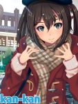  1girl brown_eyes brown_hair casual coat hair_ornament hat kantai_collection looking_at_viewer mistrail scarf sendai_(kantai_collection) short_hair smile snow two_side_up 