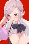  1girl adjusting_hair artist_request breasts cleavage detached_sleeves elezen elf final_fantasy final_fantasy_xiv from_above large_breasts lavender_eyes lavender_hair mouth_hold pocky pointy_ears red_background short_hair simple_background solo 