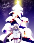  1girl ahoge blush buttons checkered_scarf christmas christmas_tree coat dated double_v grey_hair hair_between_eyes kantai_collection kiyoshimo_(kantai_collection) long_hair long_sleeves looking_at_viewer low_twintails night night_sky pine_tree pleated_skirt purple_legwear sayori_(artist) scarf skirt sky smile snow solo star star_(sky) starry_sky tree twintails twitter_username v very_long_hair violet_eyes 